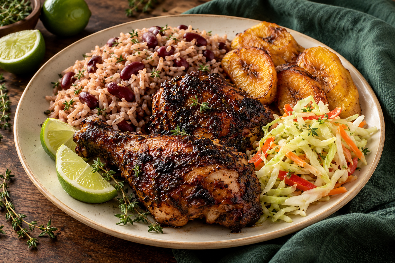 Illustrative jerk chicken with rice and peas, plantain and cabbage